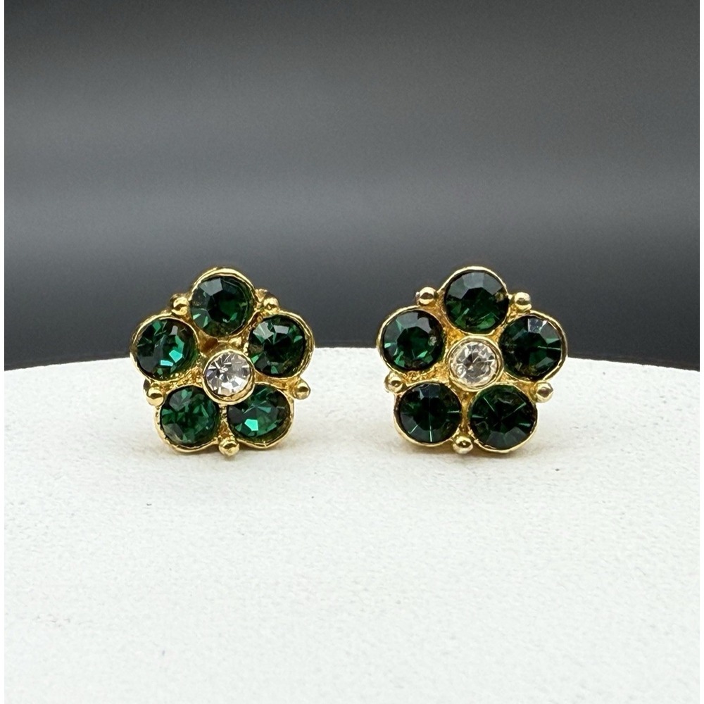 Vintage 14K Yellow Gold Filled Green CZ Crystal Flower Stud Earrings Dainty Y2K